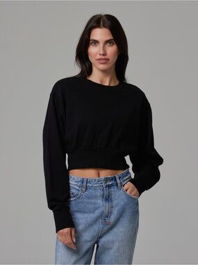 TALENTLESS Dolman Crop Crewneck Sweater Pullover Thick Knit Sweatshirt Black